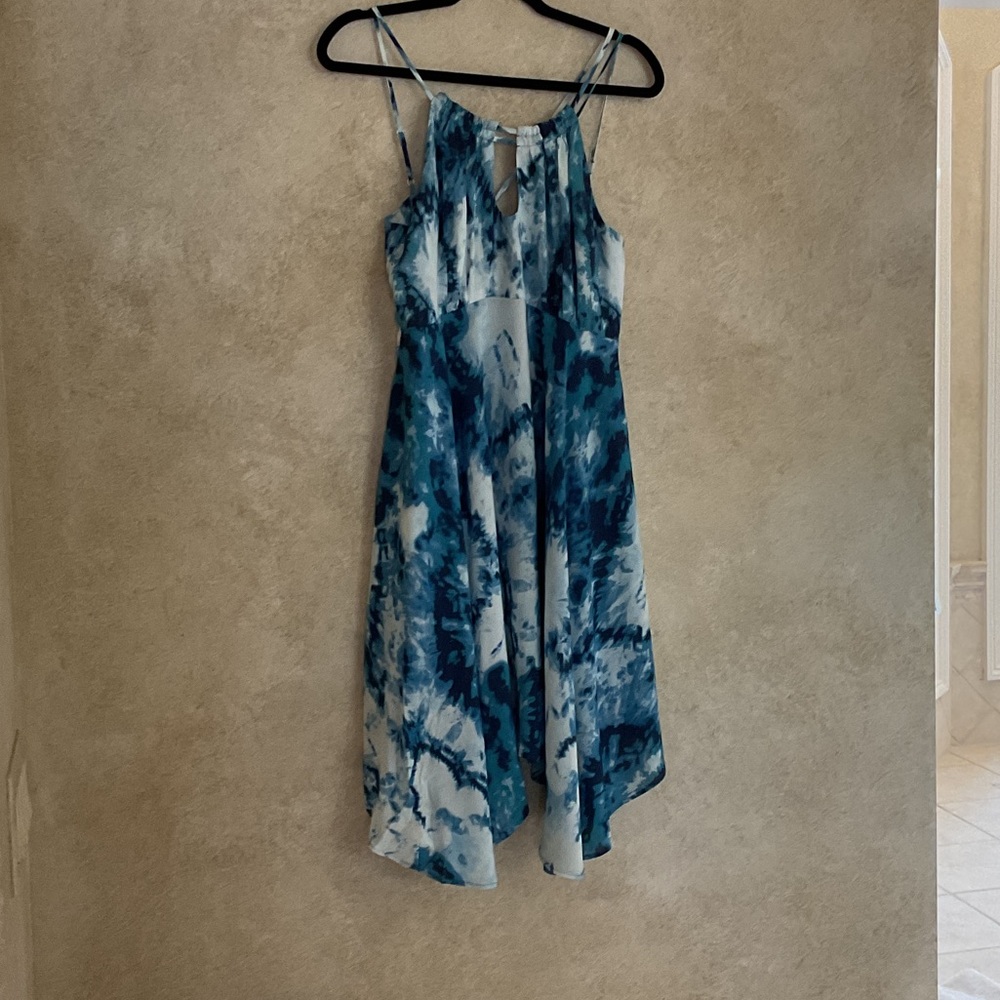 Blue Tie-Dye Midi Dress with Spaghetti Straps